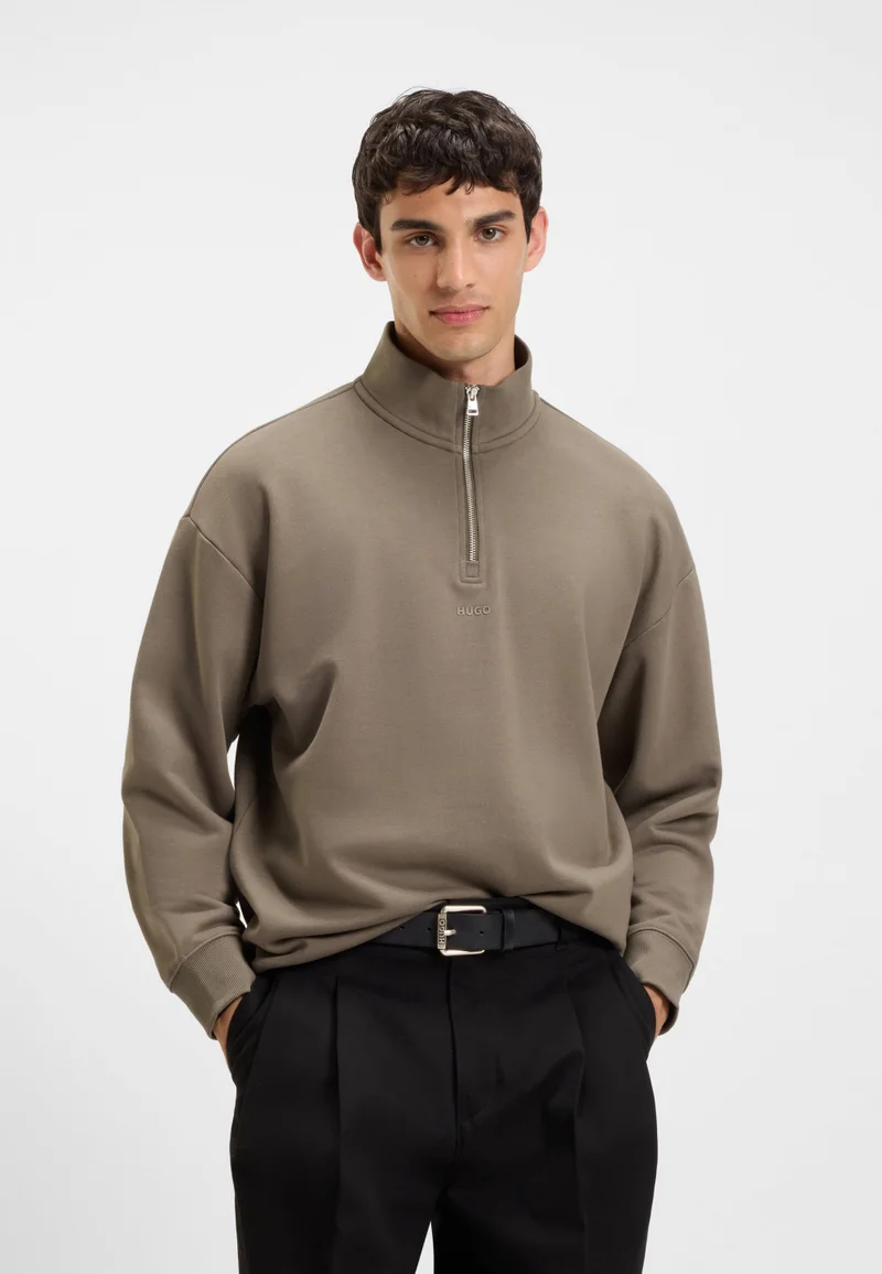 HUGO Zip-neck sweatshirt in cotton terry with logo print