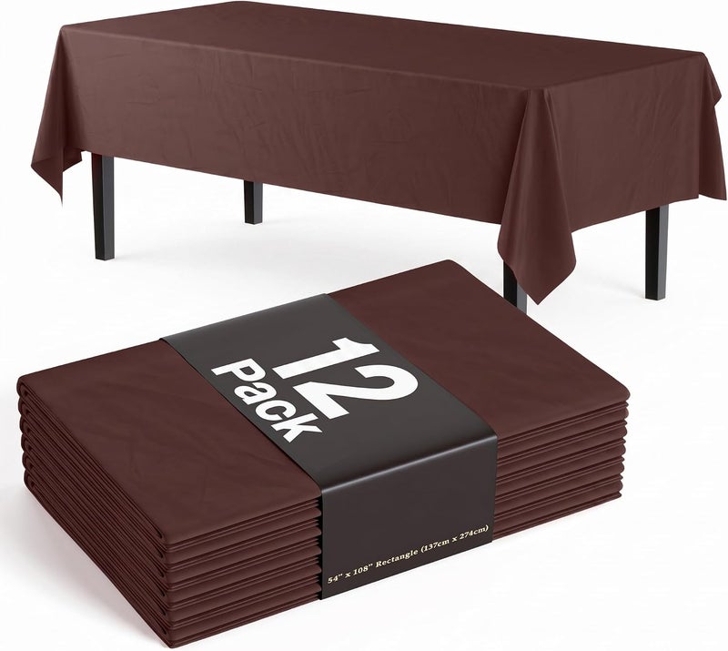 Exquisite 12-Pack Premium Plastic Tablecloth 54in. x 108in. Rectangle Table Cover - Brown - Image 1