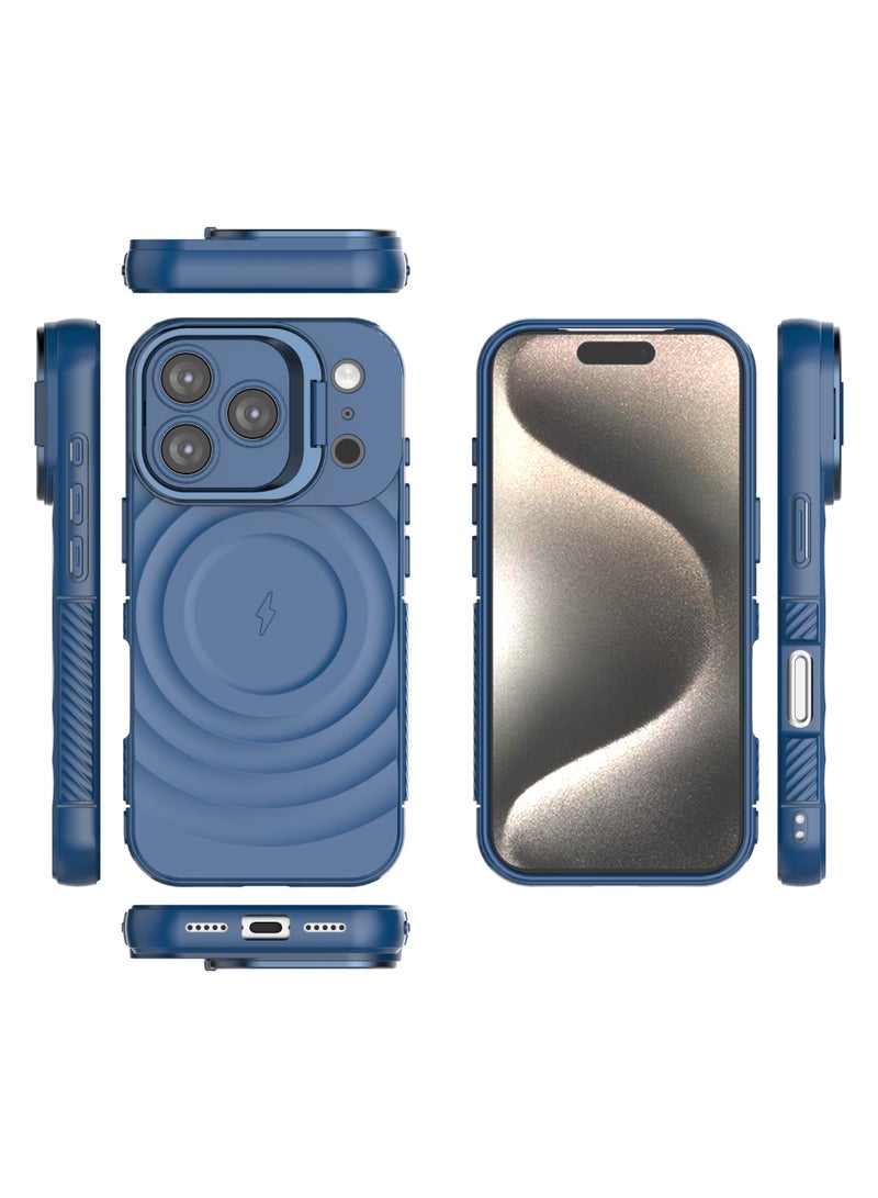 Cover For iPhone 17 Pro Magnetic Phone Corrugated Anti Drop Full Lens Coverage Phone Case with Holder Stand - Blue - Image 2