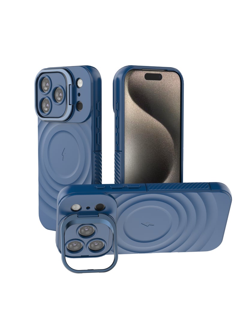 Cover For iPhone 17 Pro Magnetic Phone Corrugated Anti Drop Full Lens Coverage Phone Case with Holder Stand - Blue - Image 1