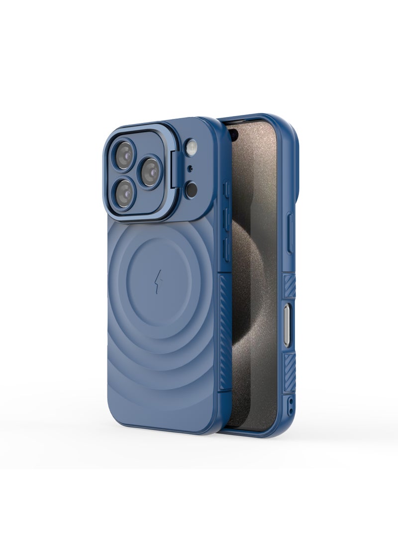 Cover For iPhone 17 Pro Magnetic Phone Corrugated Anti Drop Full Lens Coverage Phone Case with Holder Stand - Blue - Image 3