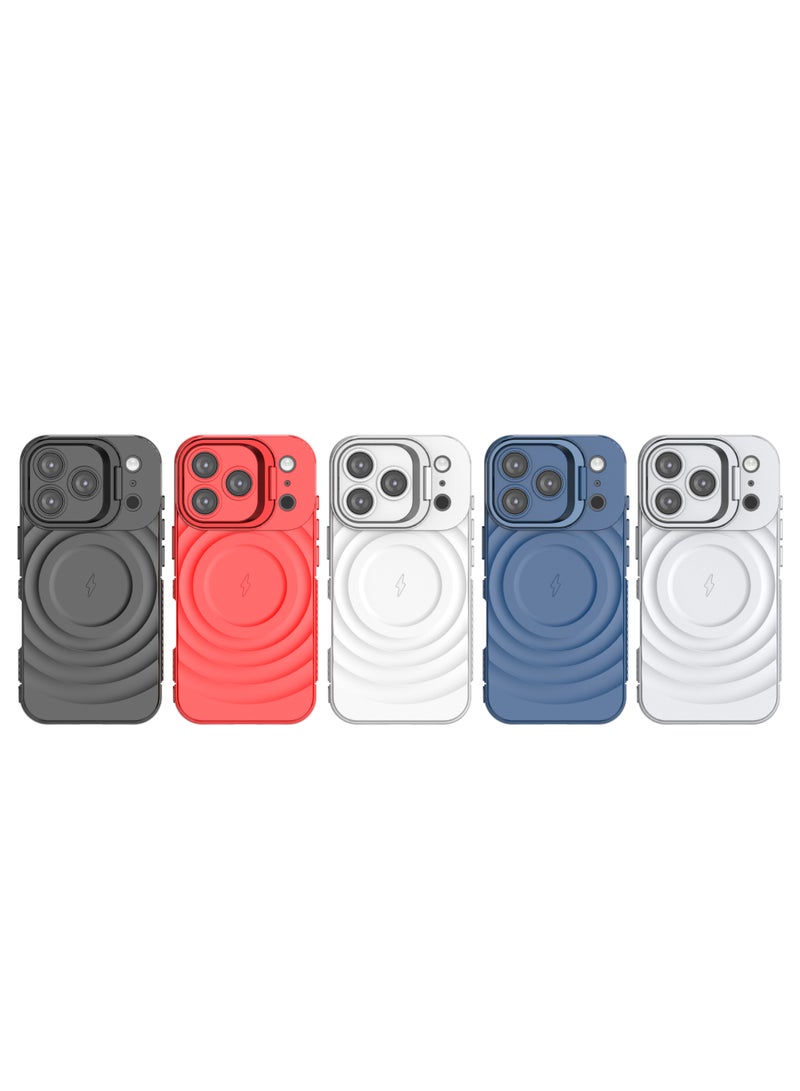 Cover For iPhone 17 Pro Magnetic Phone Corrugated Anti Drop Full Lens Coverage Phone Case with Holder Stand - Blue - Image 5