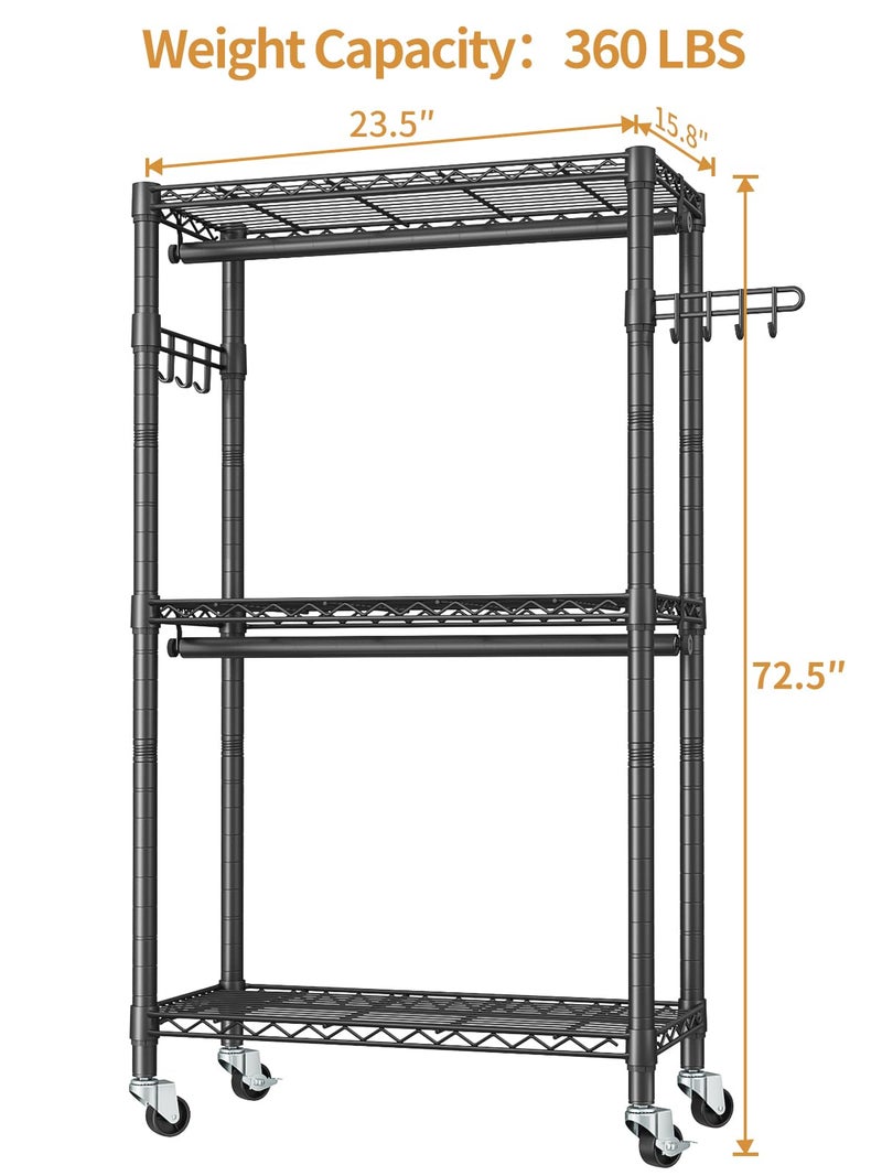 Golpart Heavy Duty Clothes Rack Rolling Garment Rack,3 Tier Adjustable Wire Shelving Clothing Racks for Hanging Clothes with Double Rods&Side Hooks,Freestanding Wardrobe Storage Rack Metal Portable Closet - Image 4