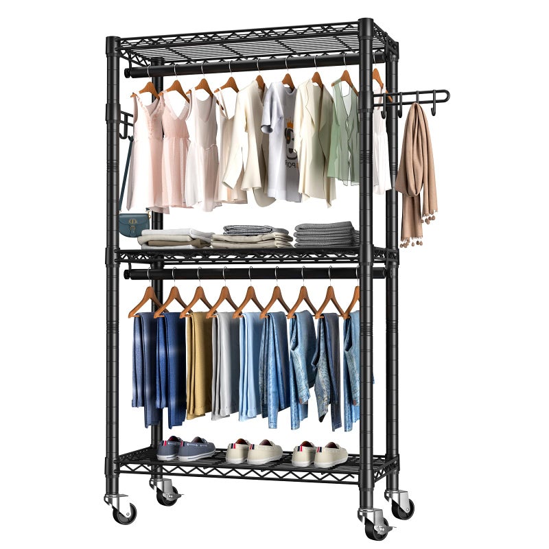 Golpart Heavy Duty Clothes Rack Rolling Garment Rack,3 Tier Adjustable Wire Shelving Clothing Racks for Hanging Clothes with Double Rods&Side Hooks,Freestanding Wardrobe Storage Rack Metal Portable Closet - Image 1