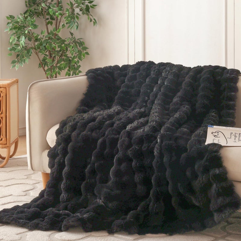 COOVA Faux Fur Throw Blanket for Couch, Cozy Soft and Fuzzy Plush Rabbit Fur Bubble Blanket for Sofa Bedroom Living Room, 50x60 Inches Black - Image 1