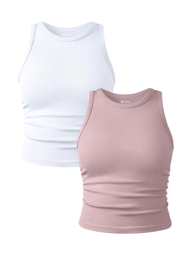 OQQ Women's 2 Piece Tank Tops Crew Neck Sleeveless Basic Stretch Casusal Yoga Crop Camis Hide Pink White - Image 1