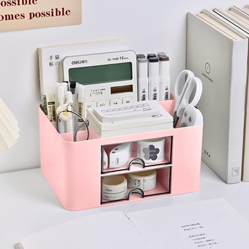 RECLUSE Modern Desk Organiser Pink for Girls Compact Desk Tidy Organiser with 2 Drawers Stationary Storage Organiser Large Capacity Desktop Pen Pencil Holder Cute Table Decor for School Home Office - Image 3