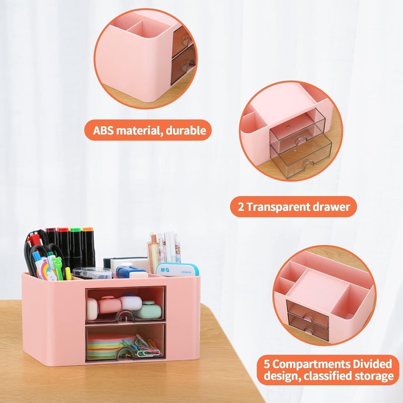 RECLUSE Modern Desk Organiser Pink for Girls Compact Desk Tidy Organiser with 2 Drawers Stationary Storage Organiser Large Capacity Desktop Pen Pencil Holder Cute Table Decor for School Home Office - Image 5