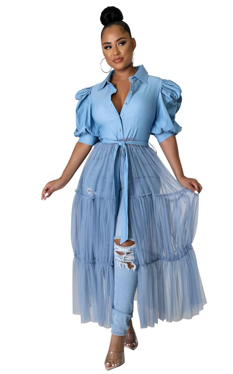 Ekaliy Womenâ€™s Plus Size Casual Tunic Tops Blouses Mesh See Through Shirts Dresses with Belt Club Party Outfit S Blue - Image 1