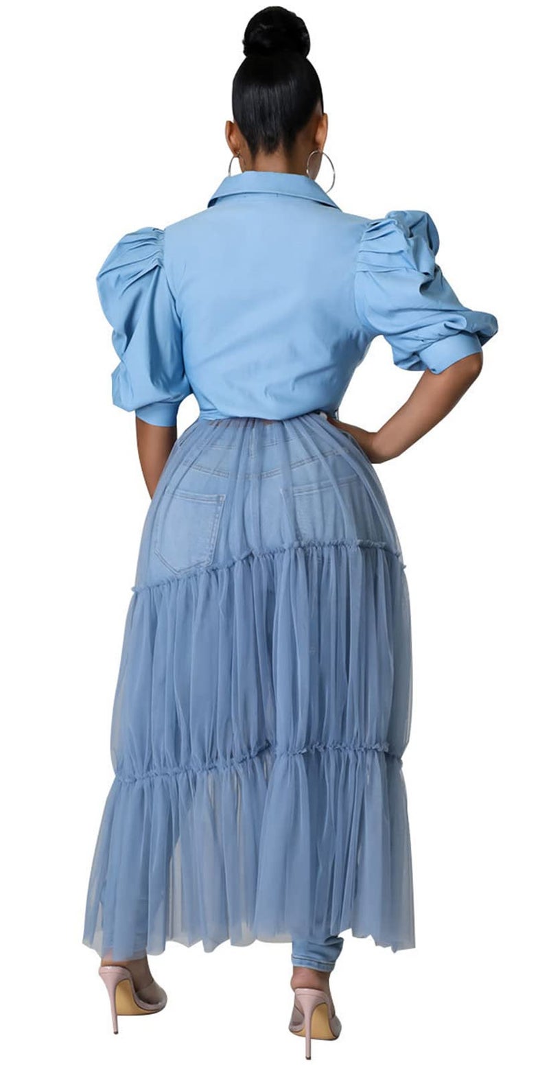Ekaliy Womenâ€™s Plus Size Casual Tunic Tops Blouses Mesh See Through Shirts Dresses with Belt Club Party Outfit S Blue - Image 2