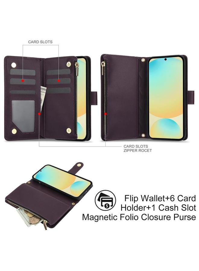S-TOP Case For Samsung Galaxy S24 FE 5G YM016 Rhombic Zipper Card Wallet Leather Phone Case with Lanyard - Image 2