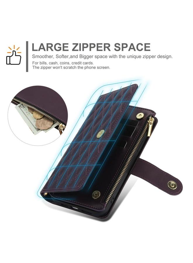 S-TOP Case For Samsung Galaxy S24 FE 5G YM016 Rhombic Zipper Card Wallet Leather Phone Case with Lanyard - Image 3