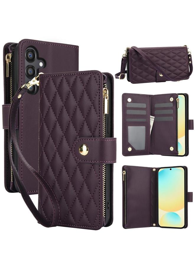 S-TOP Case For Samsung Galaxy S24 FE 5G YM016 Rhombic Zipper Card Wallet Leather Phone Case with Lanyard - Image 1