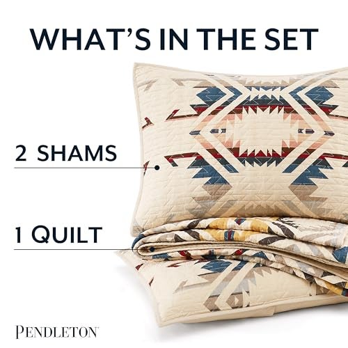 Pendleton White Sands Queen Quilt Bedding Set with 2 Pillow Shams, Luxury Cotton Quilt, Lightweight Quilted Bedspread or Coverlet, Western Bedding, Machine Washable, Full/Queen, Beige Diamond Print - Image 2