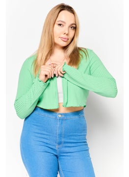 NEW LOOK Women Scoop Neck Ribbed Cardigan, Green  - Image 1