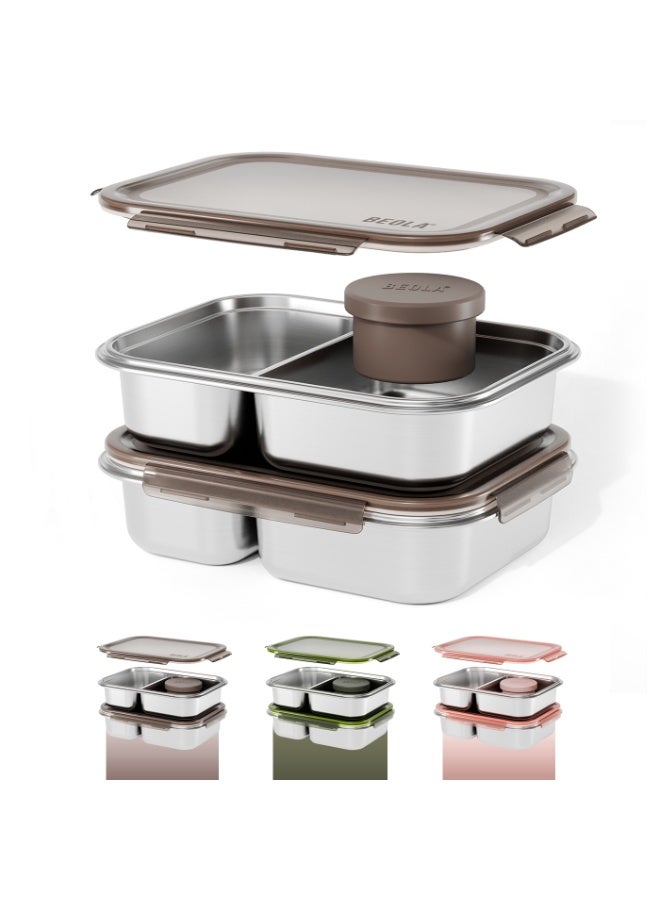بيولا BEOLA علبة غداء من الفولاذ المقاوم للصدأ، علبة بنتو بمقصورتين، خالية من مادة BPA مع غطاء، حاوية وجبات مانعة للتسرب، مثالية كعلبة وجبات خفيفة (مجموعة من 2، كثيب رملي) - Image 1