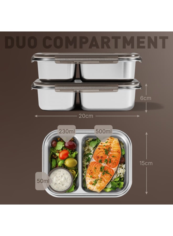 بيولا BEOLA علبة غداء من الفولاذ المقاوم للصدأ، علبة بنتو بمقصورتين، خالية من مادة BPA مع غطاء، حاوية وجبات مانعة للتسرب، مثالية كعلبة وجبات خفيفة (مجموعة من 2، كثيب رملي) - Image 2