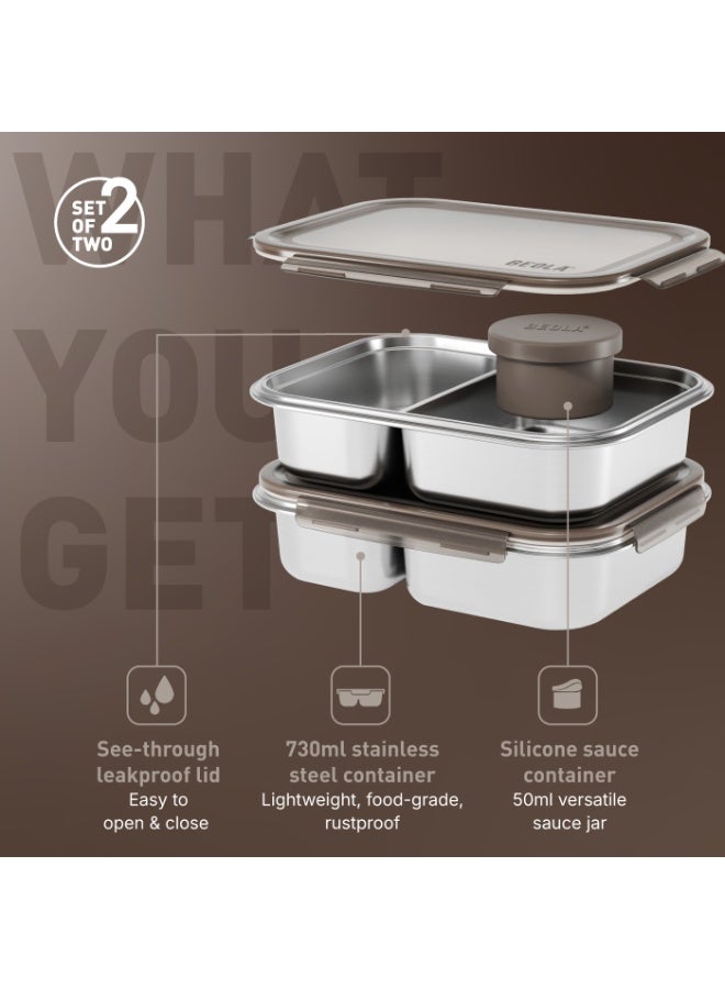 بيولا BEOLA علبة غداء من الفولاذ المقاوم للصدأ، علبة بنتو بمقصورتين، خالية من مادة BPA مع غطاء، حاوية وجبات مانعة للتسرب، مثالية كعلبة وجبات خفيفة (مجموعة من 2، كثيب رملي) - Image 4