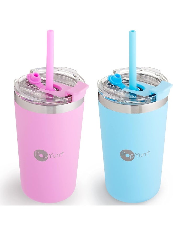 PopYum 13oz Insulated Stainless Steel Kidsâ€™ Cups with Lid and Straw, 2-Pack - Image 1