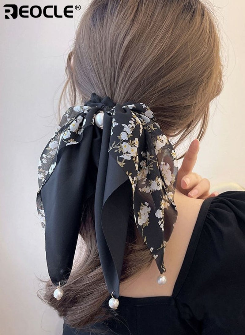REOCLE Women's Floral Scarf Scrunchie with Pearl Details Multi-Style Hair Tie Versatile Daily Hair Accessory for Daily Use - Image 1