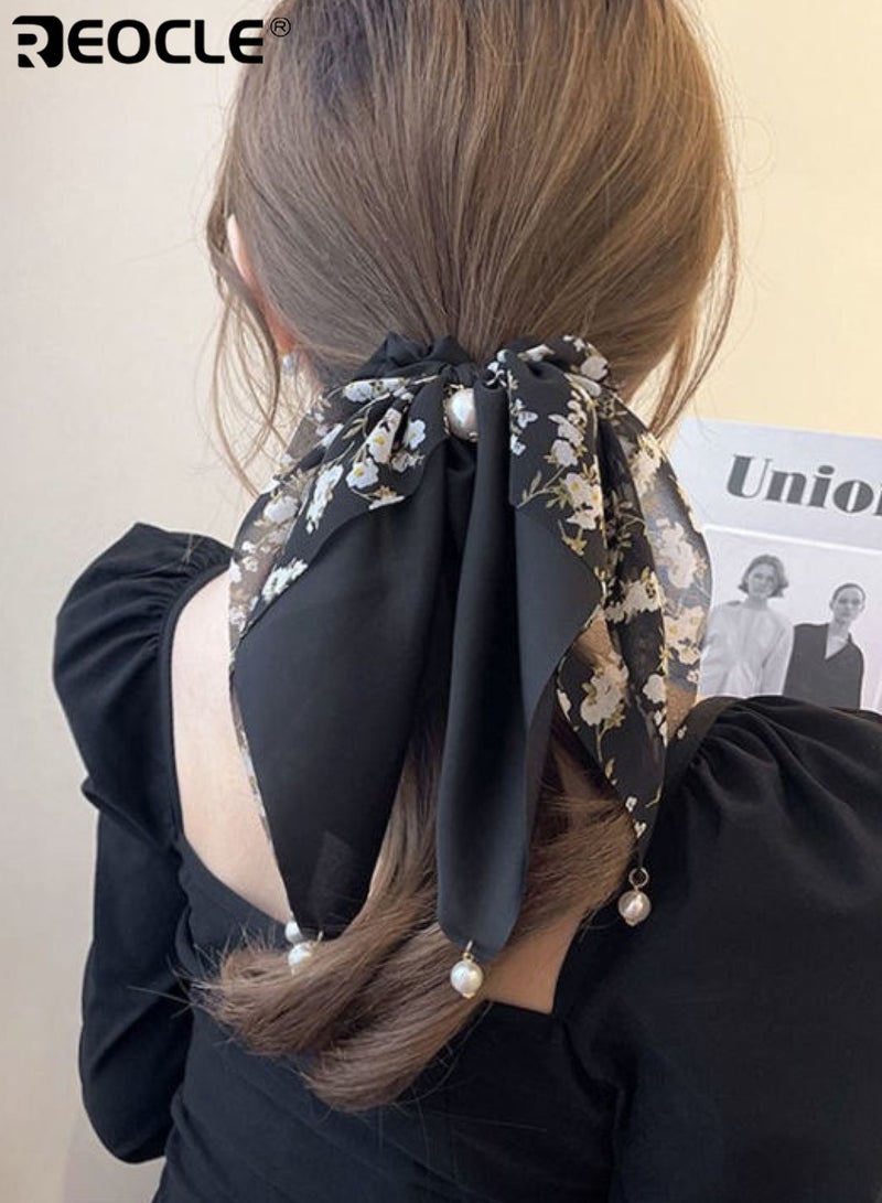 REOCLE Women's Floral Scarf Scrunchie with Pearl Details Multi-Style Hair Tie Versatile Daily Hair Accessory for Daily Use - Image 2