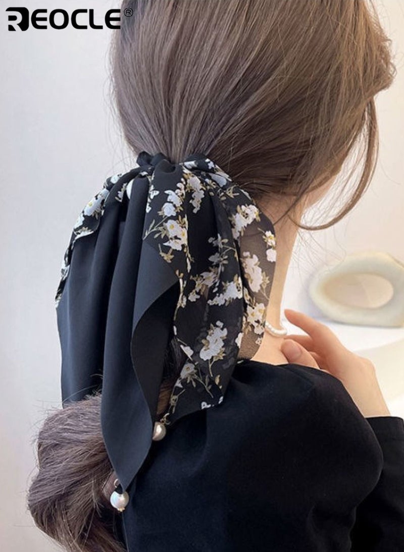 REOCLE Women's Floral Scarf Scrunchie with Pearl Details Multi-Style Hair Tie Versatile Daily Hair Accessory for Daily Use - Image 4