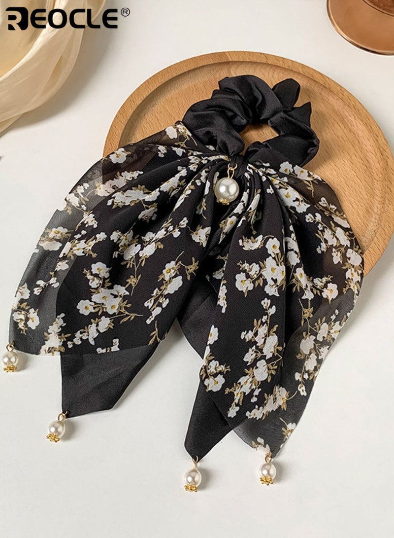 REOCLE Women's Floral Scarf Scrunchie with Pearl Details Multi-Style Hair Tie Versatile Daily Hair Accessory for Daily Use - Image 1