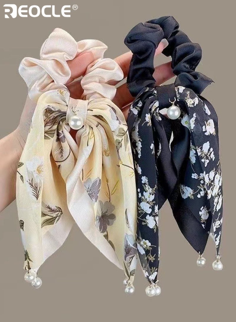 REOCLE Women's Floral Scarf Scrunchie with Pearl Details Multi-Style Hair Tie Versatile Daily Hair Accessory for Daily Use - Image 5
