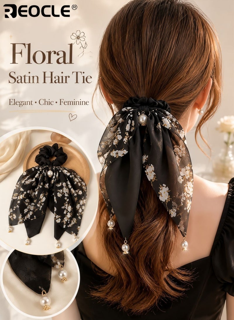 REOCLE Women's Floral Scarf Scrunchie with Pearl Details Multi-Style Hair Tie Versatile Daily Hair Accessory for Daily Use - Image 1