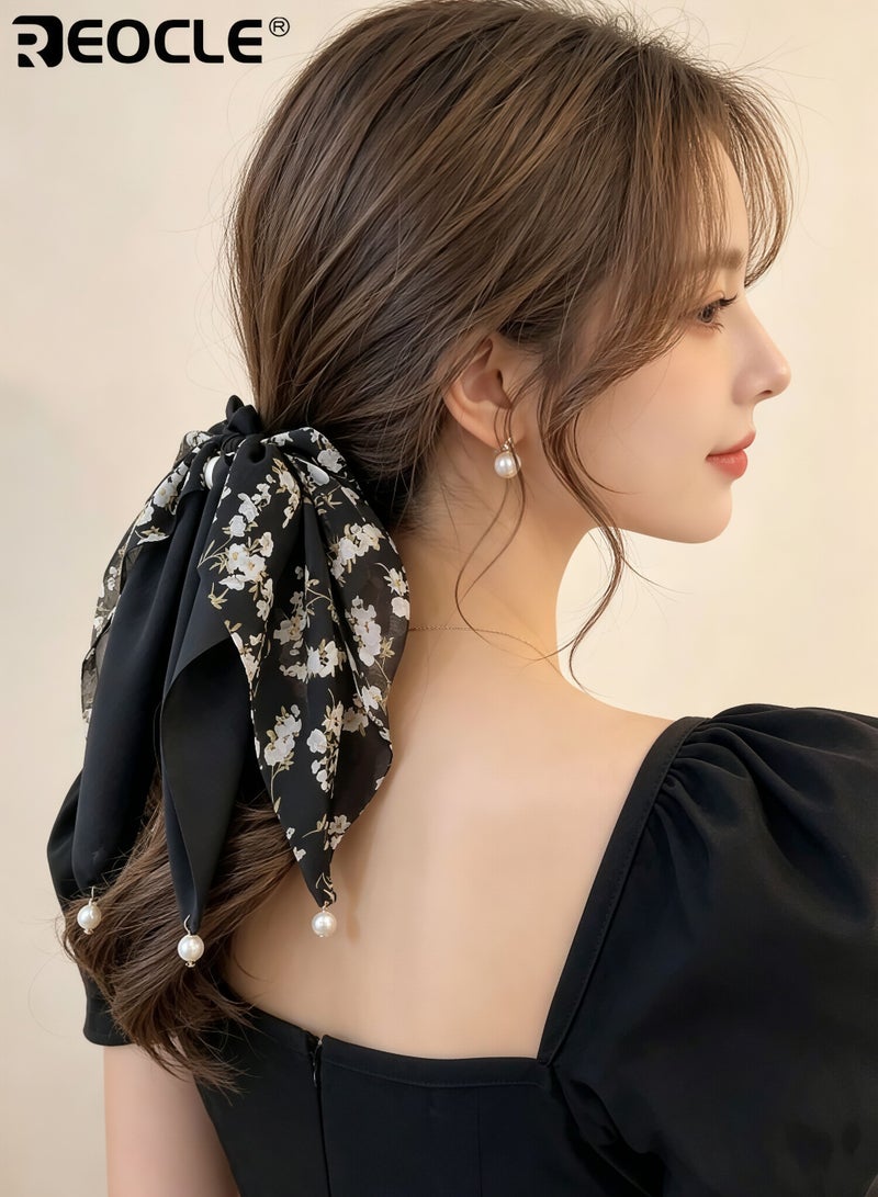REOCLE Women's Floral Scarf Scrunchie with Pearl Details Multi-Style Hair Tie Versatile Daily Hair Accessory for Daily Use - Image 3