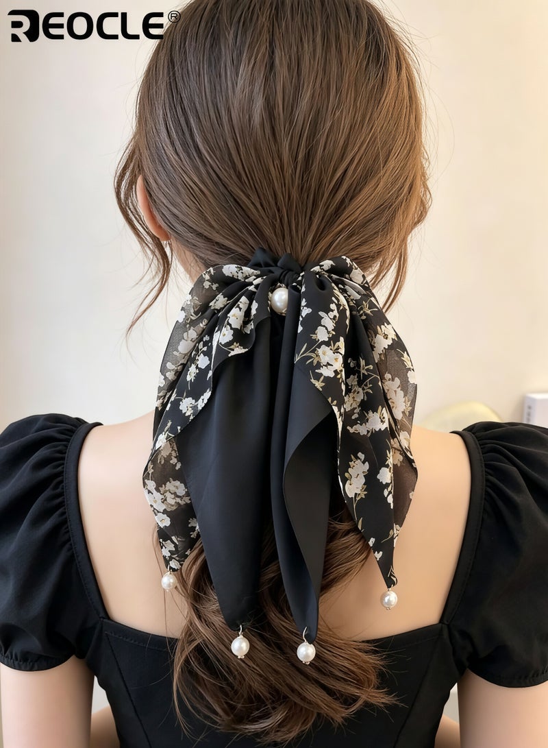 REOCLE Women's Floral Scarf Scrunchie with Pearl Details Multi-Style Hair Tie Versatile Daily Hair Accessory for Daily Use - Image 2