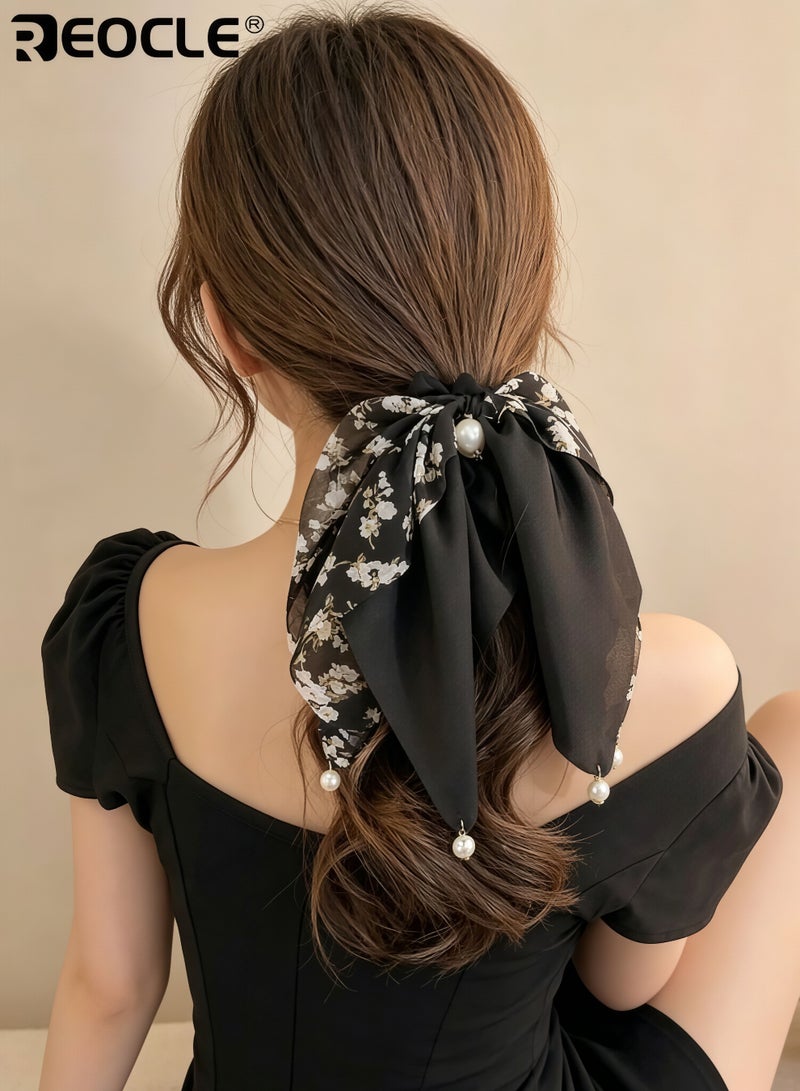REOCLE Women's Floral Scarf Scrunchie with Pearl Details Multi-Style Hair Tie Versatile Daily Hair Accessory for Daily Use - Image 5