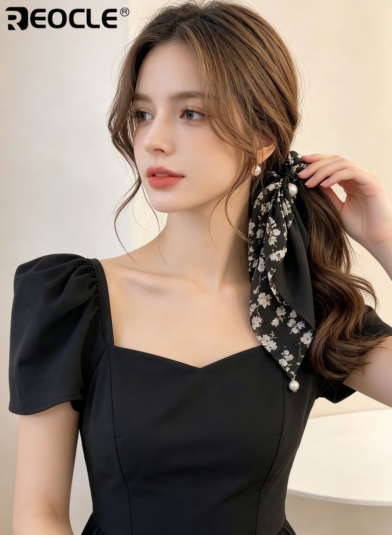 REOCLE Women's Floral Scarf Scrunchie with Pearl Details Multi-Style Hair Tie Versatile Daily Hair Accessory for Daily Use - Image 4