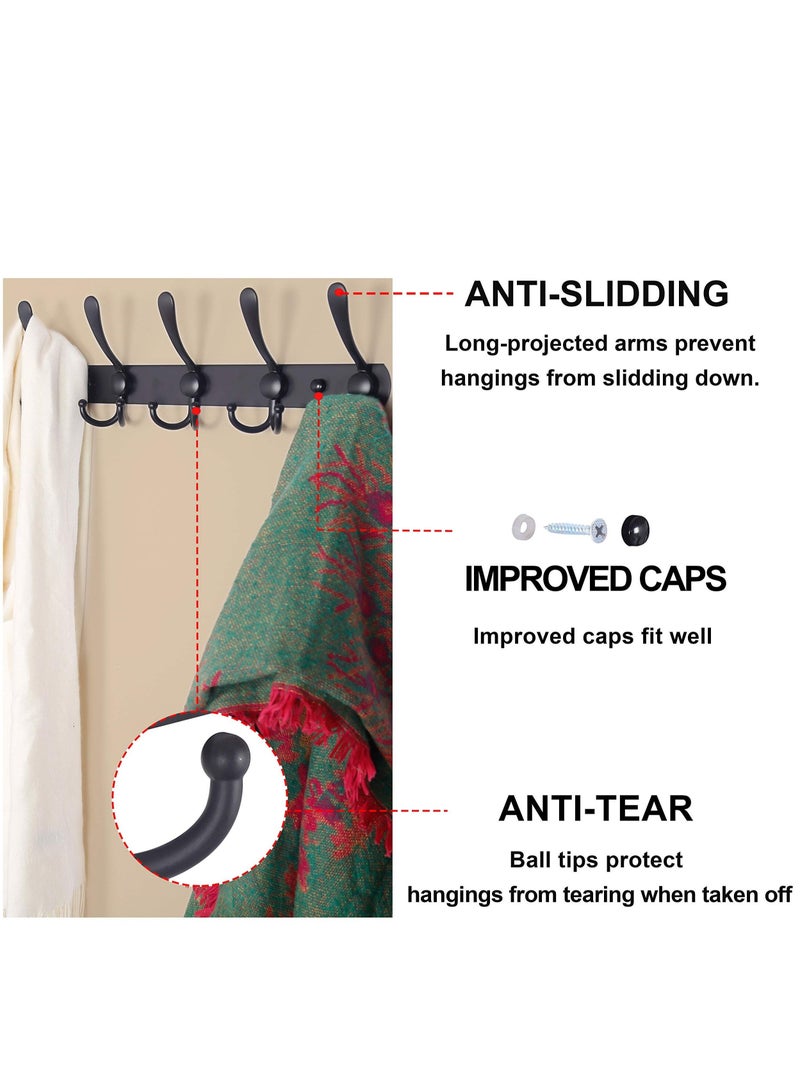 2 Pack 5 Hooks Coat Hooks for Wall Stainless Steel Coat Racks Wall Mounted Black Hanger Hooks