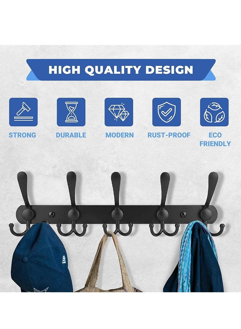 2 Pack 5 Hooks Coat Hooks for Wall Stainless Steel Coat Racks Wall Mounted Black Hanger Hooks