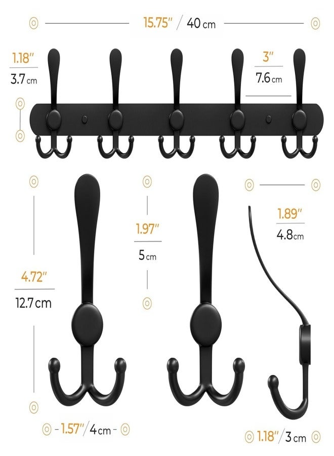 2 Pack 5 Hooks Coat Hooks for Wall Stainless Steel Coat Racks Wall Mounted Black Hanger Hooks
