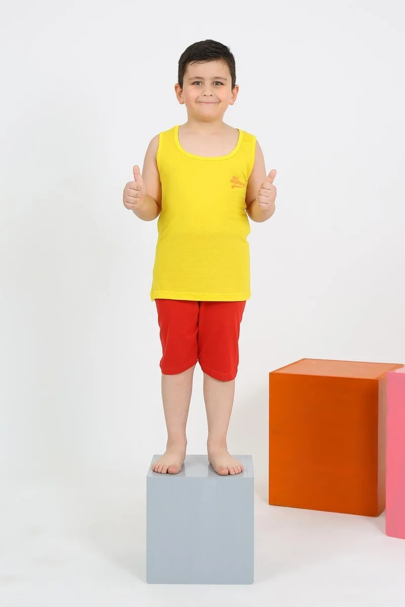Akbeniz Boy's Yellow Combed Cotton Pajama Set with Zero Sleeve Shorts 20434