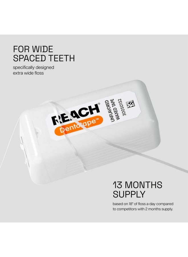 ريتش شريط خيط تنظيف الأسنان المشمع من REACH Dentotape، بدون نكهة، خيط تنظيف أسنان عريض جدًا، مقاوم للتمزق والتلف، مزيل للبلاك للأسنان، لطيف على اللثة والأسنان، للعناية بالفم، خالٍ من PFAS، للبالغين والأطفال، عبوة واحدة، 100 ياردة - Image 2