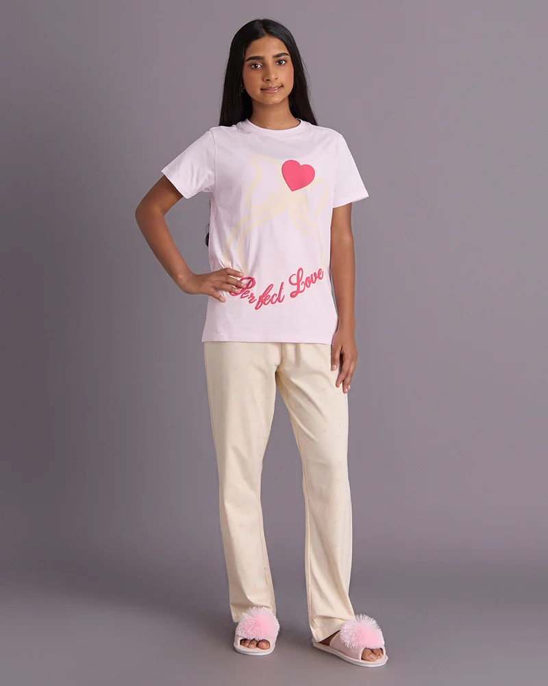 Redtag Senior Girls White Short Sleeve Pajama Set