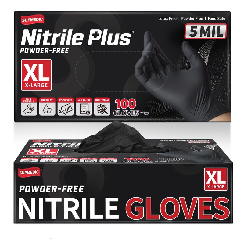 Supmedic Black Nitrile Exam Gloves, 5 Mil Chemical Resistant Powder-Free Food Safe Disposable Medical Glove 100Pcs (X-Large) - Image 1
