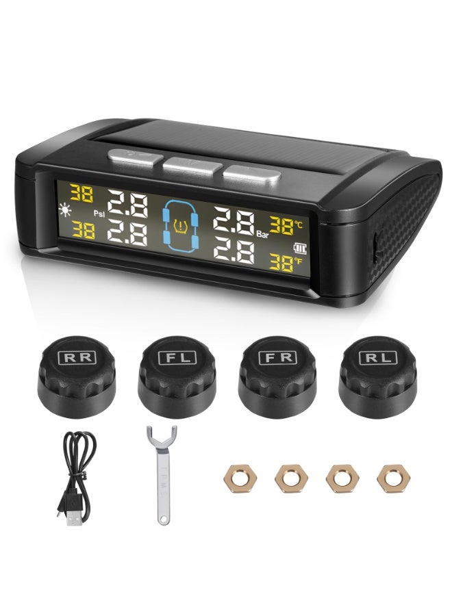 Tyre Pressure Monitoring System TPMS, Solar Wireless Tire Pressure Gauge with 4 External Sensors, USB/Solar Charging, 0-5 Bar 72 PSI Range, Universal Fit for Car SUV Van Trailer - Image 1