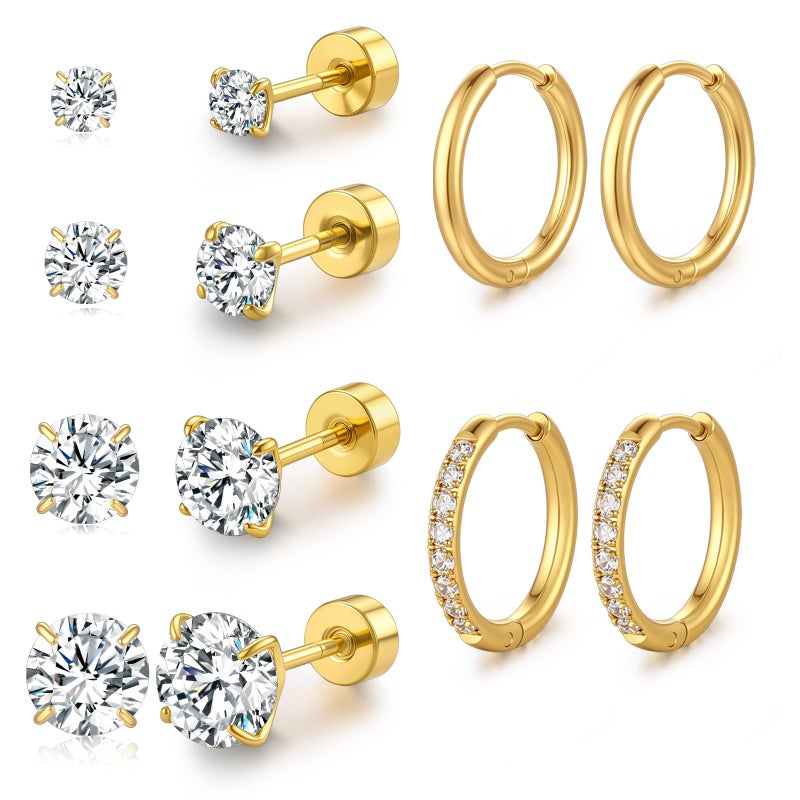 SZGCSP Flat Back Stud Earrings for Women Men, Surgical Steel Earrings for Sensitive Ears, Small CZ Stud Huggie Hoop Earring Set, Cartilage Earring Stacks Multiple Piercing Dainty Trendy Jewelry(10mm) - Image 1