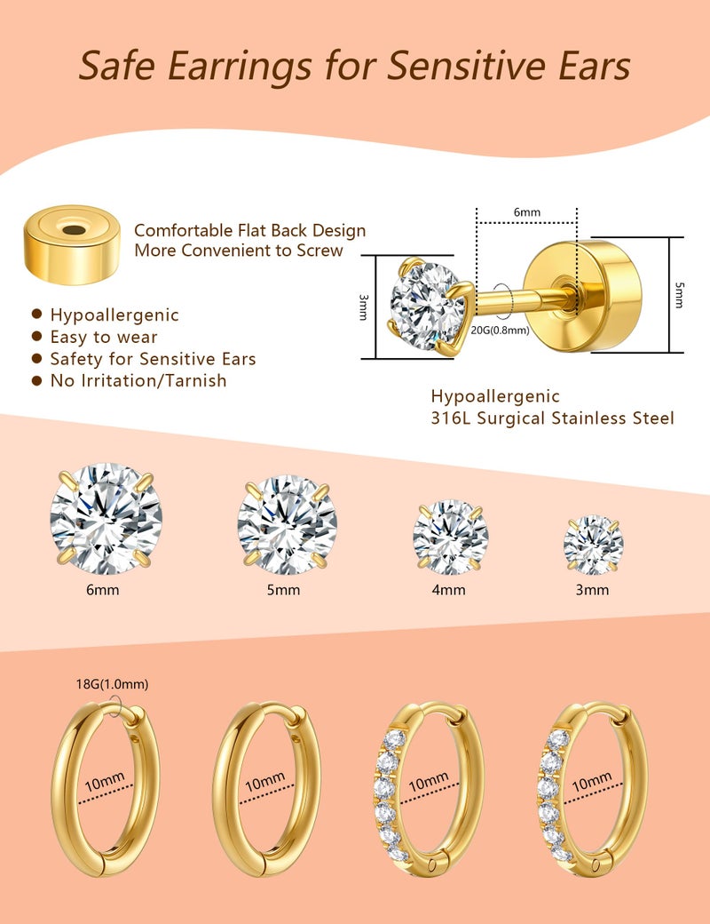 SZGCSP Flat Back Stud Earrings for Women Men, Surgical Steel Earrings for Sensitive Ears, Small CZ Stud Huggie Hoop Earring Set, Cartilage Earring Stacks Multiple Piercing Dainty Trendy Jewelry(10mm) - Image 4