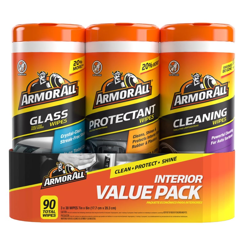 Armor All Protectant, Glass and Cleaning Wipes, Wipes for Car Interior and Car Exterior, 30 Count Each (Pack of 3) - Image 1