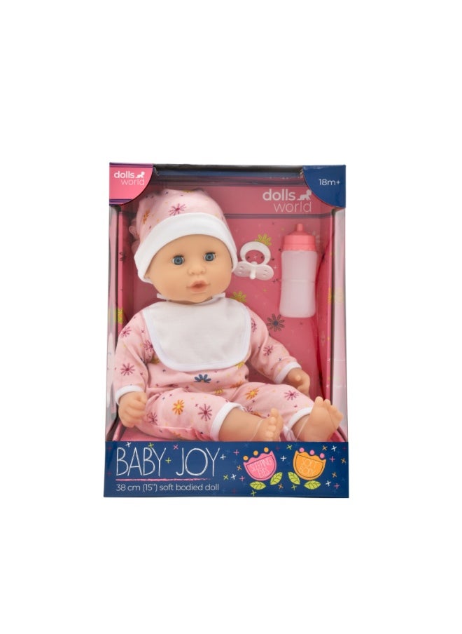 dolls world Baby Joy 15 inch Baby Doll With Sleeping Eyes Bottle & Dummy from Peterkin gift for kids of Age above 18 months  - Image 1