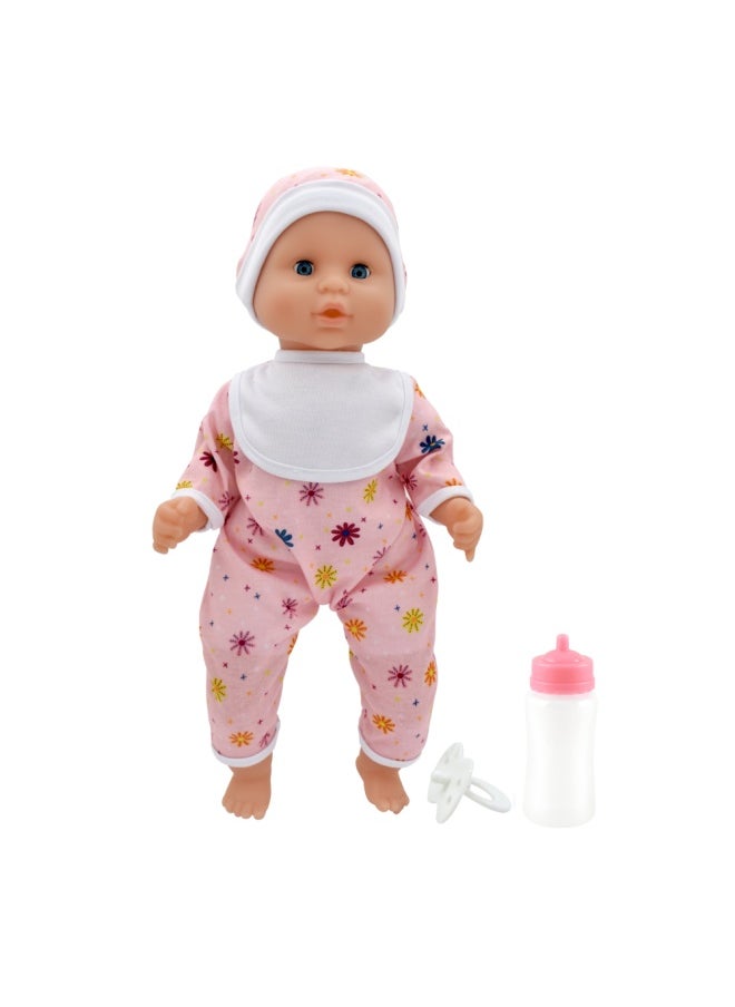 dolls world Baby Joy 15 inch Baby Doll With Sleeping Eyes Bottle & Dummy from Peterkin gift for kids of Age above 18 months  - Image 3