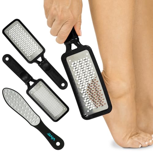 Vive Foot File 3 Pack Feet Scraper for Dead Skin Heel Grater Callus Remover Scrubber Tool Rasp for Cracked Heels Stainless Steel Pedicure Filer for Men Women Use on Wet or Dry Skin