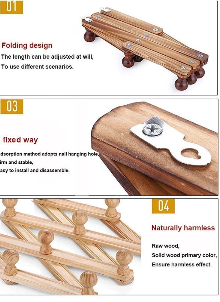 YQbest - Wooden Wall Cloth Hanger Expandable Coat Rack Mounted Decorative Accordion Hat With 10 Peg Hooks Foldeable - Image 1