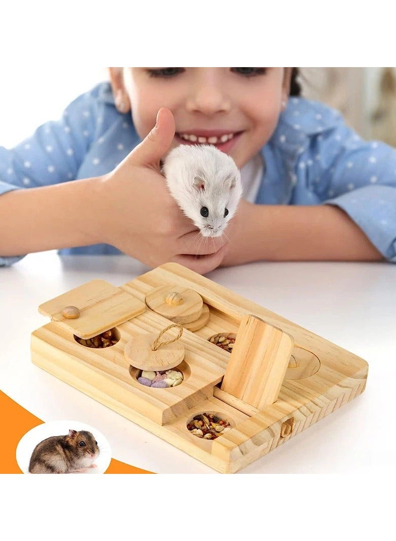 لعبة التغذية الخشبية الصلبة للهامستر - صينية مخبأة للطعام للهامستر الذهبي، مغذي خشبي تفاعلي للمضغ، صندوق تعليمي للوجبات الصغيرة للحيوانات الأليفة - Image 4