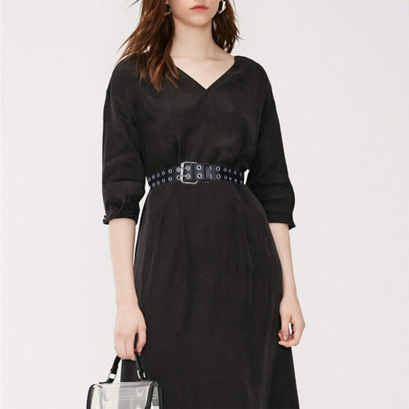 macoking Womens Belts for Jeans, Studded Double Grommets Leather Black Belt Women Men-M - Image 3